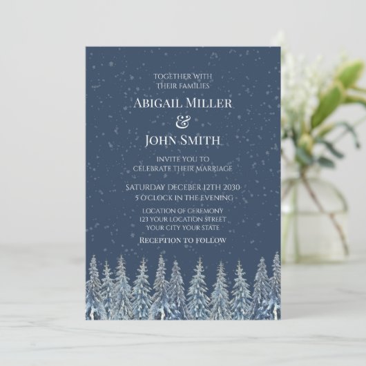 Blue Rustic Winter Forest Wedding Invitations Kaart (Staand voorkant)