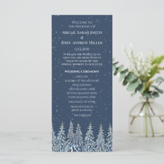 Blue Rustic Winter Forest Wedding Program Programmakaart (Staand voorkant)
