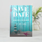 Blue Rustic Wood Beach Wedding Save the Date (Staand voorkant)