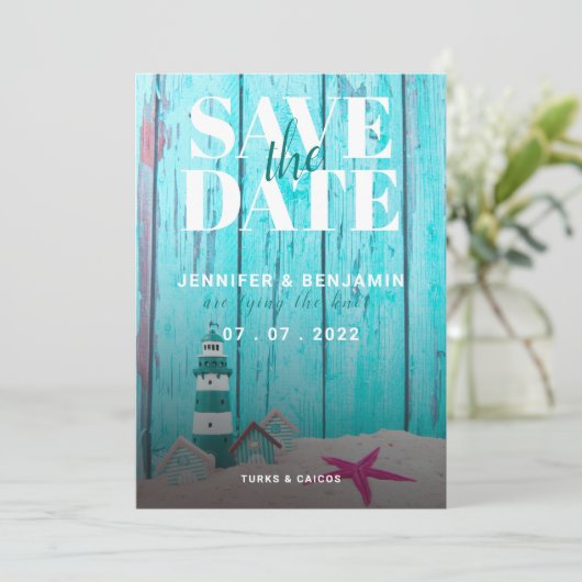 Blue Rustic Wood Beach Wedding Save the Date (Staand voorkant)