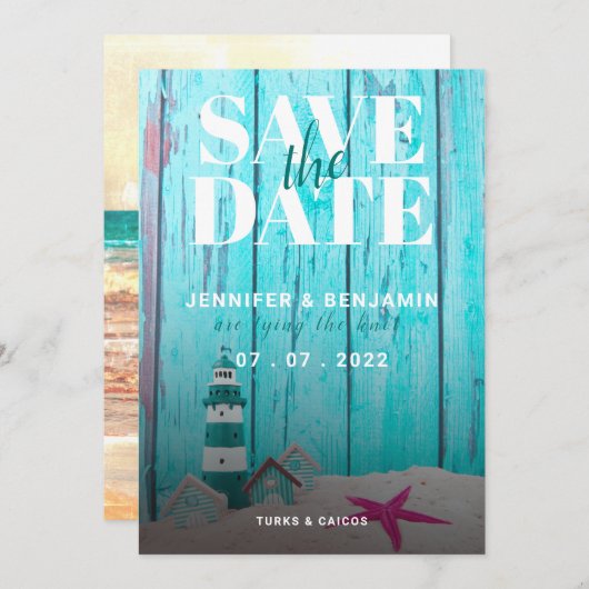 Blue Rustic Wood Beach Wedding Save the Date (Voorkant / Achterkant)