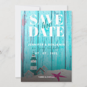 Blue Rustic Wood Beach Wedding Save the Date