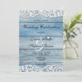 Blue Rustic Wood en Lace Wedding Kaart (Staand voorkant)