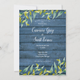 Blue Rustic Wood Eucalyptus Greenery Wedding Kaart