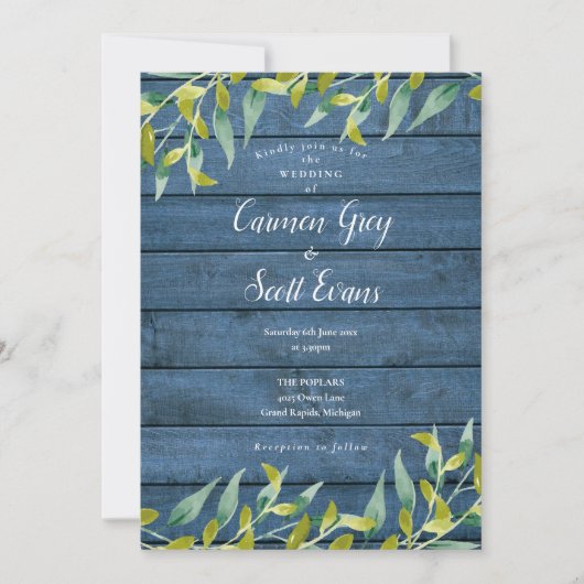 Blue Rustic Wood Eucalyptus Greenery Wedding Kaart (Voorkant)