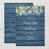 Blue Rustic Wood Eucalyptus String Lights Wedding Kaart (Voorkant / Achterkant)