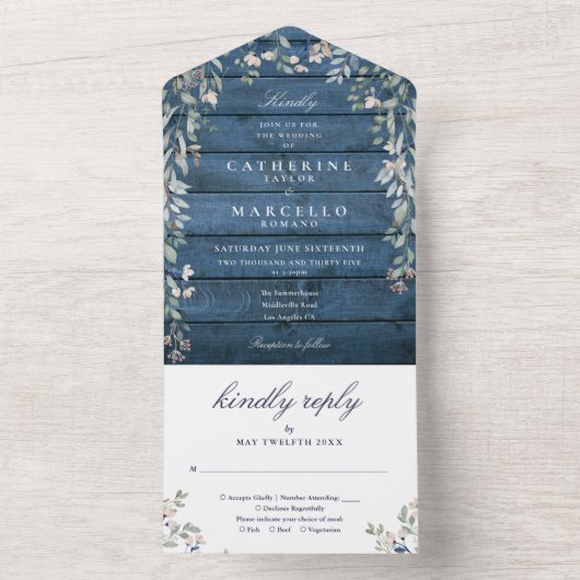 Blue Rustic Wood Floral Greenery Cascade Wedding A All In One Uitnodiging (Binnen)