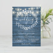 Blue Rustic Wood Floral String Lights Wedding Kaart (Staand voorkant)