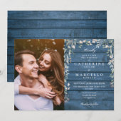 Blue Rustic Wood Floral Wildflower Foto bruiloft Kaart (Voorkant / Achterkant)