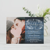 Blue Rustic Wood Foliage Photo All-in-One Weddensc Kaart (Staand voorkant)