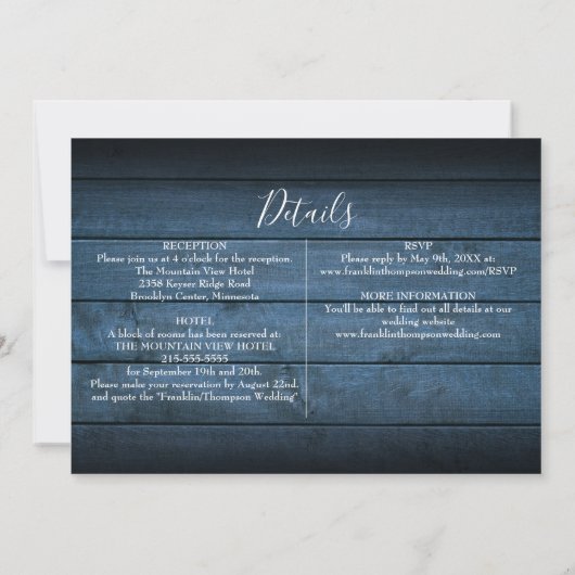 Blue Rustic Wood Foliage Photo All-in-One Weddensc Kaart (Achterkant)