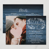 Blue Rustic Wood Foliage Photo All-in-One Weddensc Kaart (Voorkant / Achterkant)