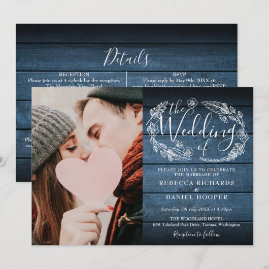 Blue Rustic Wood Foliage Photo All-in-One Weddensc Kaart (Voorkant / Achterkant)