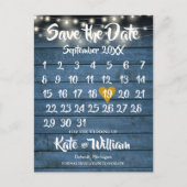 Blue Rustic Wood Gold Heart Calendar Save the Date Aankondigingskaart (Voorkant)