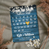 Blue Rustic Wood Gold Heart Calendar Save the Date Aankondigingskaart