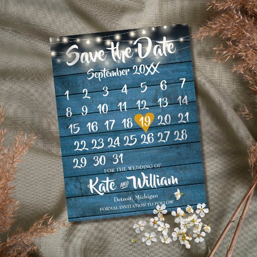 Blue Rustic Wood Gold Heart Calendar Save the Date Aankondigingskaart