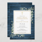 Blue Rustic Wood Greenery First Heilige Communie Kaart (Voorkant / Achterkant)