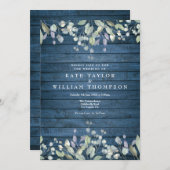 Blue Rustic Wood Greenery Floral Wedding Kaart (Voorkant / Achterkant)