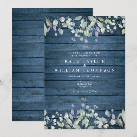 Blue Rustic Wood Greenery Floral Wedding Kaart (Voorkant / Achterkant)