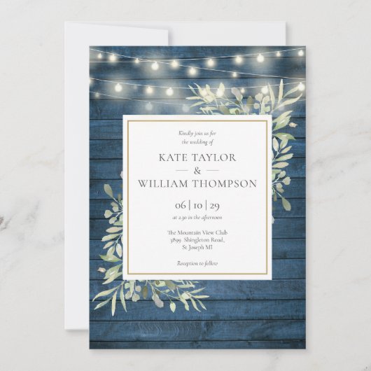 Blue Rustic Wood Greenery String Lights Wedding Kaart (Voorkant)