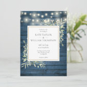 Blue Rustic Wood Greenery String Lights Wedding Kaart (Staand voorkant)