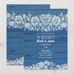 Blue Rustic Wood Lace Farmhouse Barn Wedding Kaart
