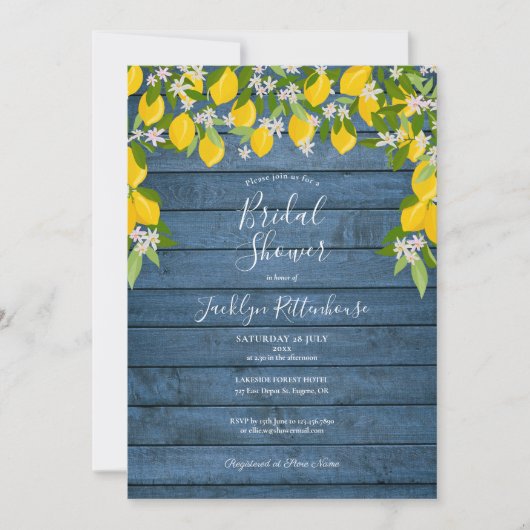 Blue Rustic Wood Lemon Greenery Vrijgezellenfeest Kaart (Voorkant)