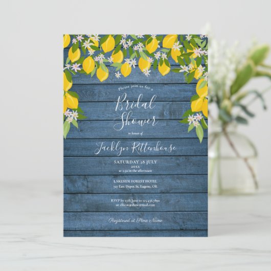 Blue Rustic Wood Lemon Greenery Vrijgezellenfeest Kaart (Staand voorkant)