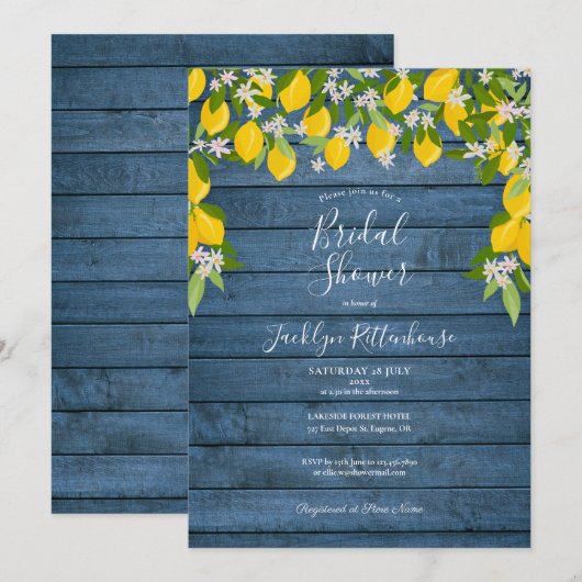 Blue Rustic Wood Lemon Greenery Vrijgezellenfeest Kaart (Voorkant / Achterkant)