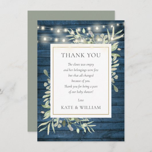 Blue Rustic Wood Licht Greenery Baby shower Poem Bedankkaart (Voorkant / Achterkant)