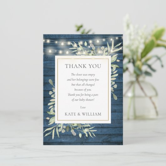 Blue Rustic Wood Licht Greenery Baby shower Poem Bedankkaart (Staand voorkant)