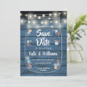 Blue Rustic Wood Mason Jar String Lights Floral Save The Date (Staand voorkant)