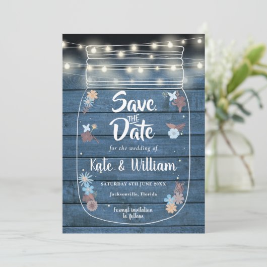 Blue Rustic Wood Mason Jar String Lights Floral Save The Date (Staand voorkant)