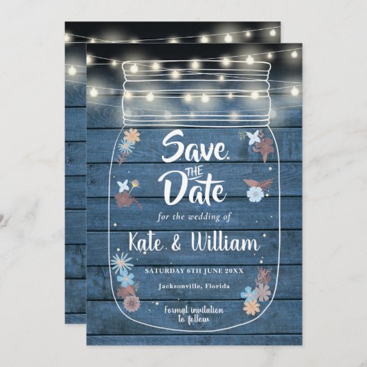 Blue Rustic Wood Mason Jar String Lights Floral Save The Date (Voorkant / Achterkant)