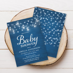 Blue Rustic Wood Mason Jars and Lights Baby shower Kaart