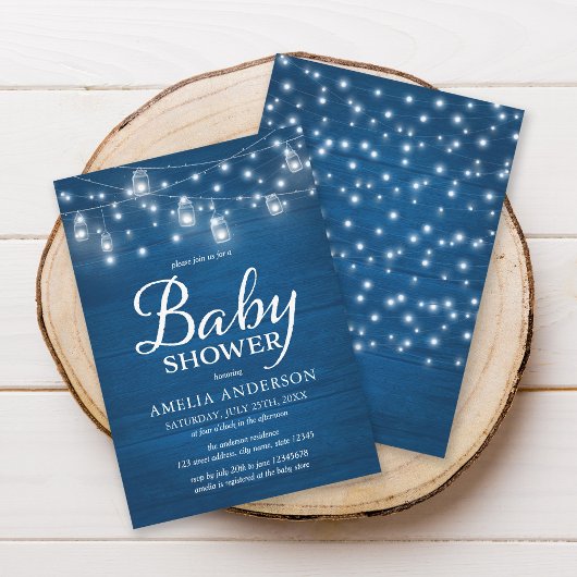 Blue Rustic Wood Mason Jars and Lights Baby shower Kaart