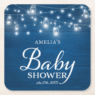 Blue Rustic Wood Mason Jars Lights Baby shower Kartonnen Onderzetters