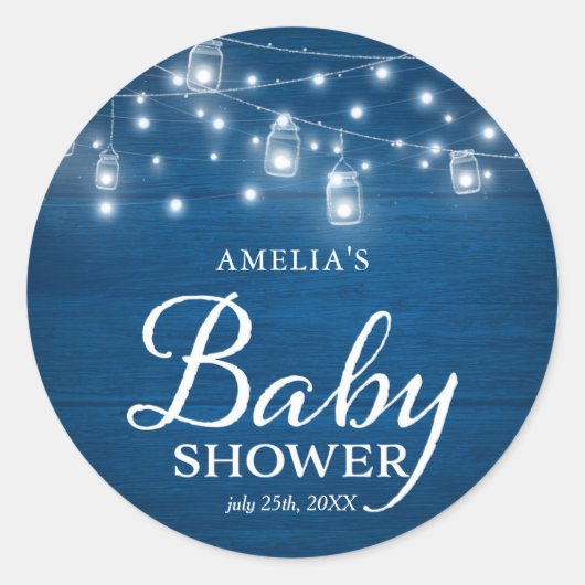 Blue Rustic Wood Mason Jars Lights Baby shower Ronde Sticker (Voorkant)