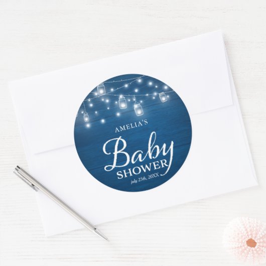 Blue Rustic Wood Mason Jars Lights Baby shower Ronde Sticker (Envelop)