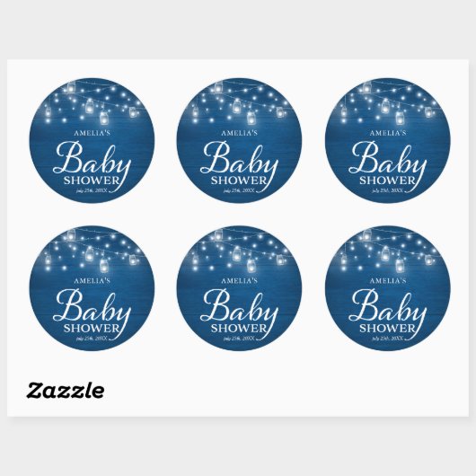 Blue Rustic Wood Mason Jars Lights Baby shower Ronde Sticker (Vel)