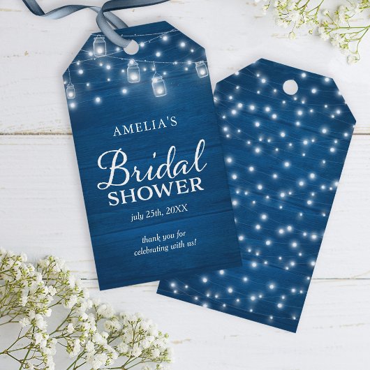 Blue Rustic Wood Mason Jars Lights Vrijgezellenfee Cadeaulabel