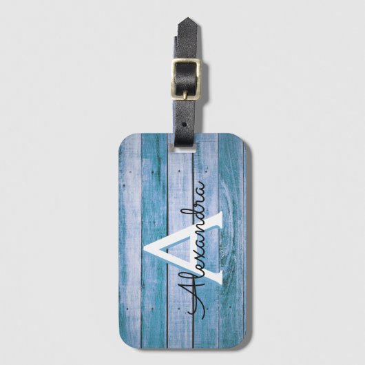 Blue Rustic Wood Monogram Naam en Initiaal Bagagelabel (Voorkant (verticaal))