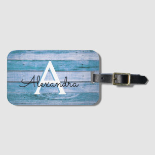 Blue Rustic Wood Monogram Naam en Initiaal Bagagelabel