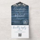 Blue Rustic Wood QR Code Mason Jars Lights Wedding All In One Uitnodiging (Binnen)