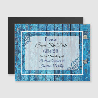 Blue Rustic Wood Save the Date Wedding Magnet Magnetische Uitnodiging