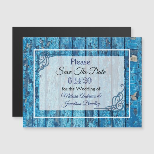 Blue Rustic Wood Save the Date Wedding Magnet Magnetische Uitnodiging (Voorkant / Achterkant)