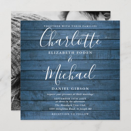 Blue Rustic Wood Signature Script Weduwfoto Kaart (Voorkant / Achterkant)