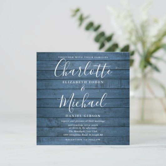 Blue Rustic Wood Signature Script Weduwfoto Kaart (Staand voorkant)
