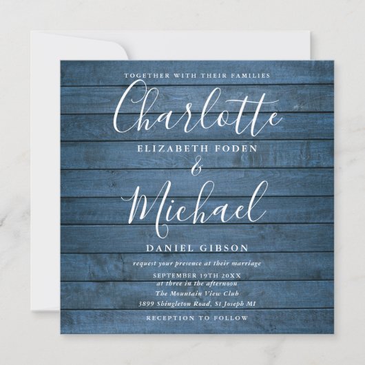 Blue Rustic Wood Signature Script Weduwfoto Kaart (Voorkant)