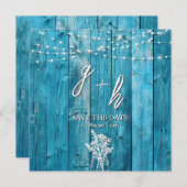 Blue Rustic Wood String Lights Chic Save the Dates (Voorkant / Achterkant)